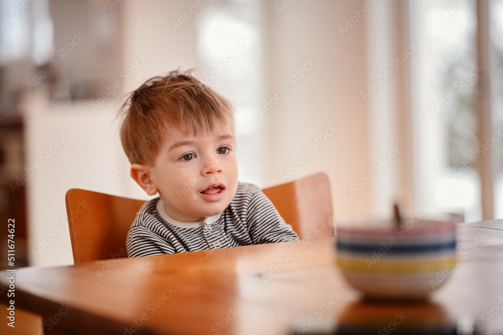 Little emotional toddler boy sitting at a wooden table with deep plate Little emotional toddler boy sitting at a wooden table with deep plate
