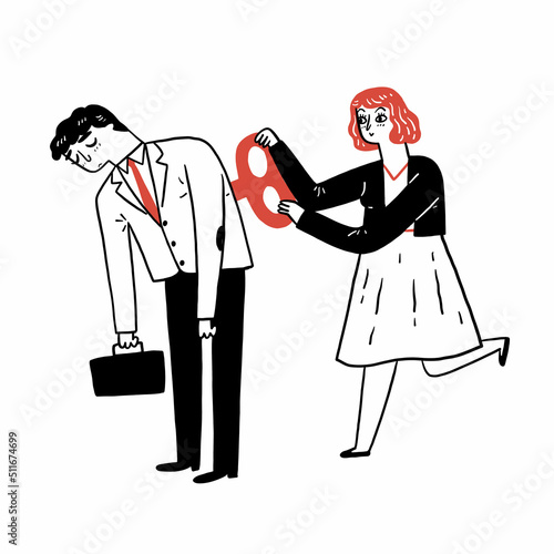 Exhausted employee recharged, power up or wind up to stimulate or motivate fatigue person concept