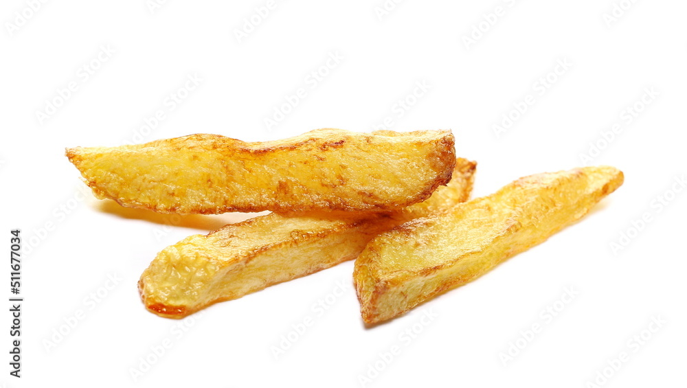 Macro french fries pile, fried potato sticks isolated on white  