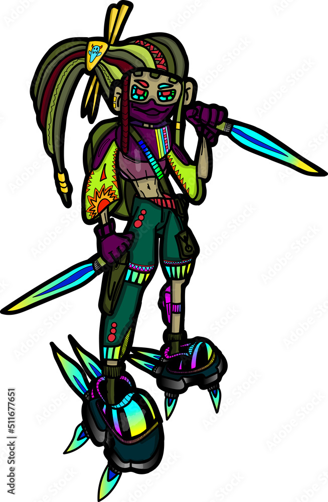 Ninja warrior in jet boots with jet fire blade idea for cartoon charracter or avatar logo Ninja warrior in jet boots with jet fire blade idea for cartoon charracter or avatar logo