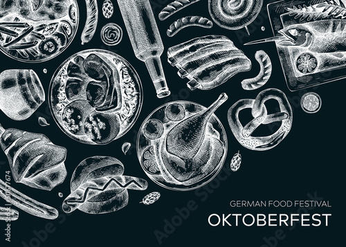 German food background on chalkboard. Oktoberfest menu design. Vector meat dishes sketches. German cuisine banner in vintage style. Traditional Food festival illustration. Beer hand drawing