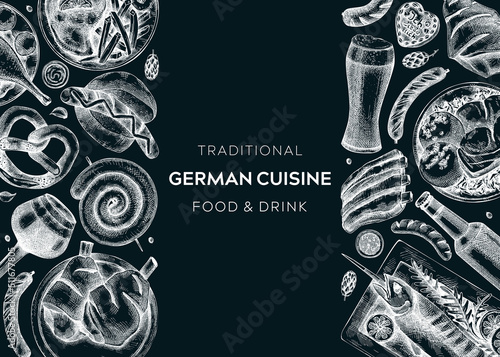 German food background on chalkboard. Oktoberfest menu design. Vector meat dishes sketches. German cuisine banner in vintage style. Traditional Food festival illustration. Beer hand drawing