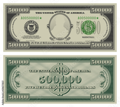 Vector five hundred thousand dollars banknote. Gray obverse and green reverse fictional US paper money in style of vintage american cash. Frame with guilloche mesh and bank seals. Harrison