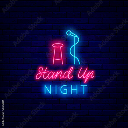 Stand up comedy neon signboard. Microphone and chair on stage. Humorous performance. Vector stock illustration