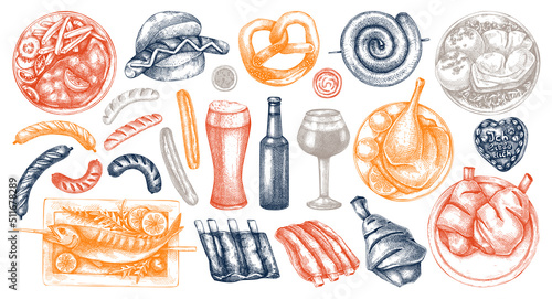 Traditional German food sketch collection in color. Oktoberfest menu design elements. Hand drawn vector dishes drawings set. German cuisine menu. Black and white food sketched illustrations