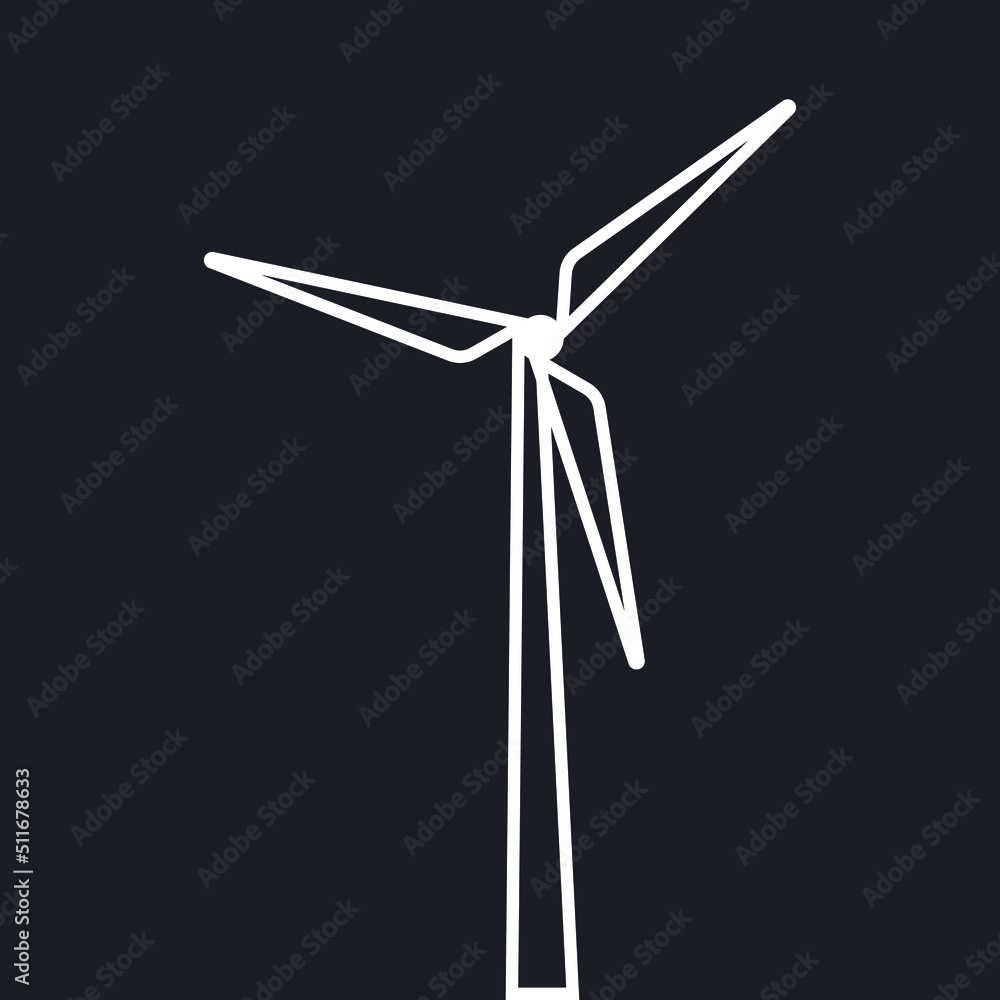 Wind power plant. Energy conversion concept. The modern design of the windmill is drawn with a white outline on a black background. Vector. Wind power plant. Energy conversion concept. The modern design of the windmill is drawn with a white outline on a black background. Vector.