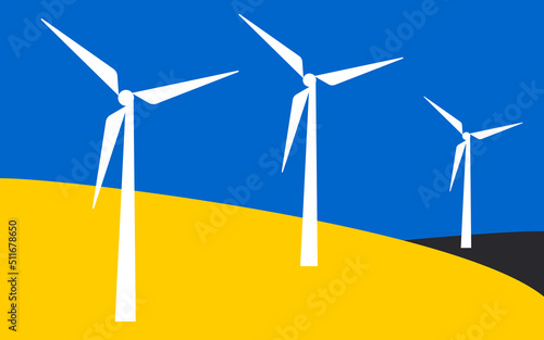 White wind power plant. Energy conversion concept. Modern windmill design in flat style. 