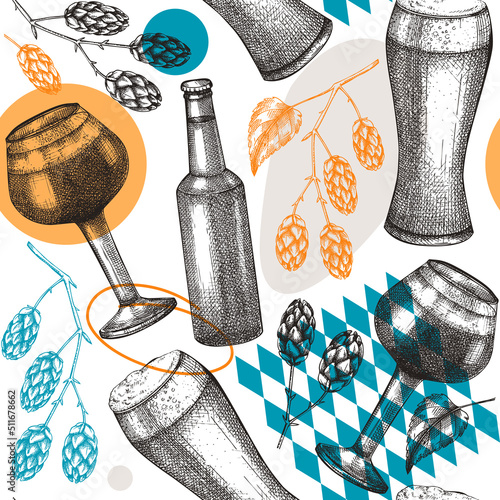 Trendy beer background in collage style. Vector seamless pattern with hop, beer glasses and bottle for pub, bar. Modern graphics backdrop for bar or restaurant menu design, packaging, textile.