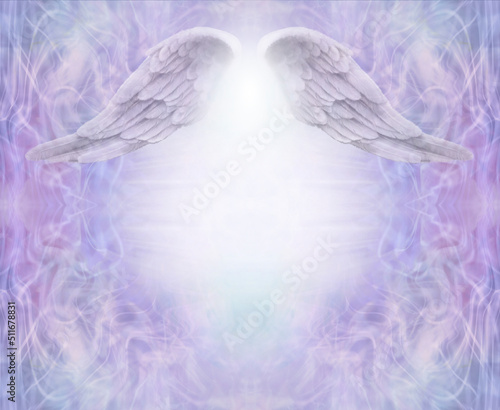 Sweet Angel Wings Message Background template - beautiful angelic wings above bright white light orb against lacey wispy lilac border ideal for spiritual theme advert message board 