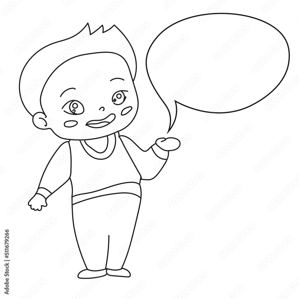 Boy, cute chibi character with speech bubble. Place for your text. Vector illustration. Black linear drawing on white background. Color page for kids. Boy, cute chibi character with speech bubble. Place for your text. Vector illustration. Black linear drawing on white background. Color page for kids.
