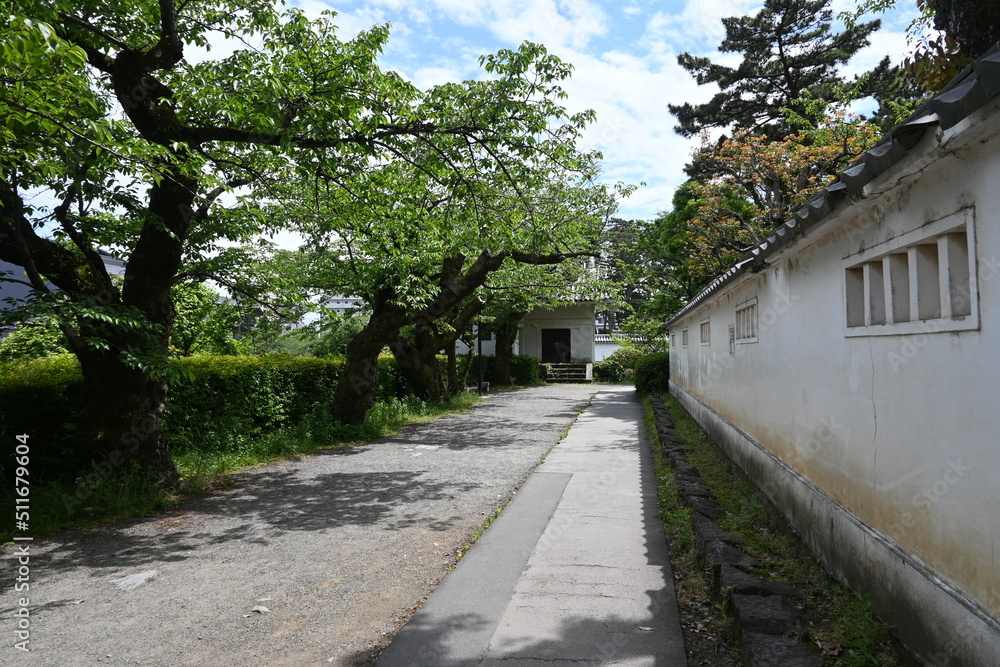 The walls and moats of Odawara Castle (an old Japanese castle) and the park surrounding the castle The walls and moats of Odawara Castle (an old Japanese castle) and the park surrounding the castle