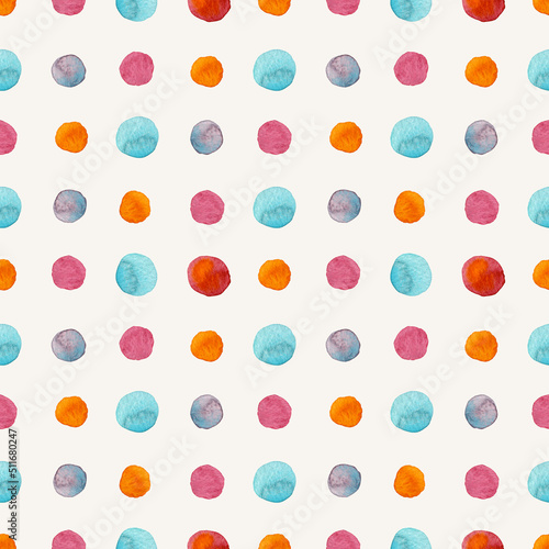 Seamless pattern of colorful dots painted in watercolor on a light background. For fabric, sketchbook, wallpaper, wrapping paper.