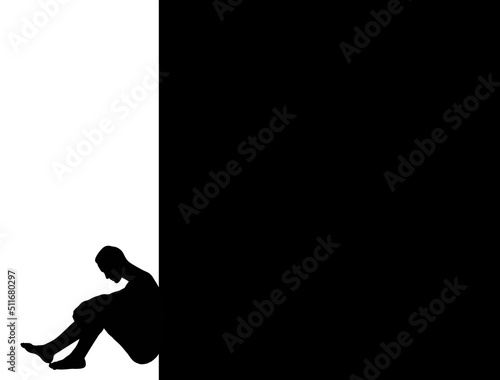 Unhappy single man vector illustration, sitting on ground and leaning against wall. Missing someone concept idea. Time to go, say goodbye or good bye. Empty copy space or area for advertising banners.