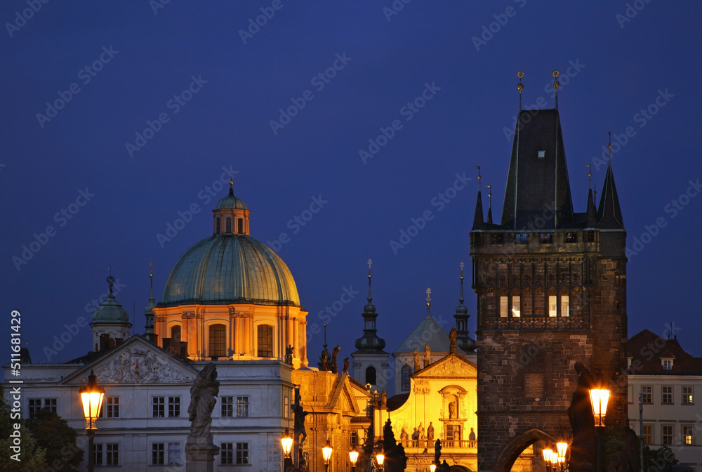 Church of Saint Francis of Assisi and Tower at Staro Mesto end of Charles Bridge in Prague. Czech Republic