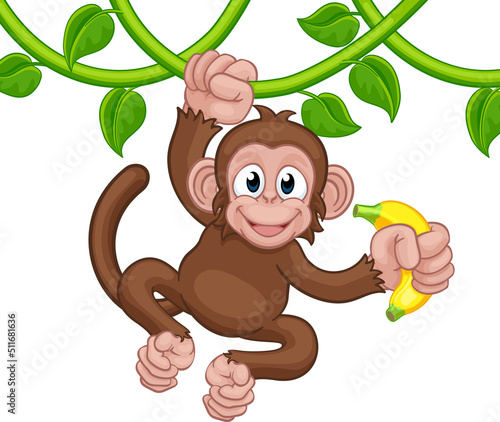 Monkey Singing On Jungle Vines With Banana Cartoon