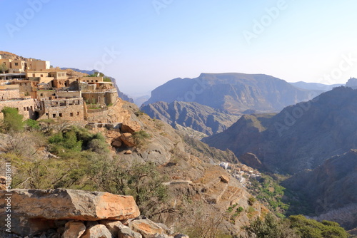 Sunset view in the mountains of Jebel Akhdar, close to Sayq, Oman photo