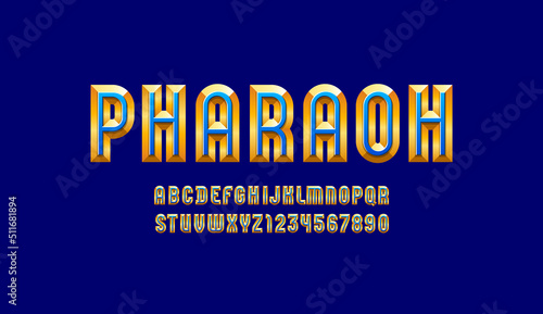3D alphabet from chiseled block, facet golden font, beveled letters and numbers