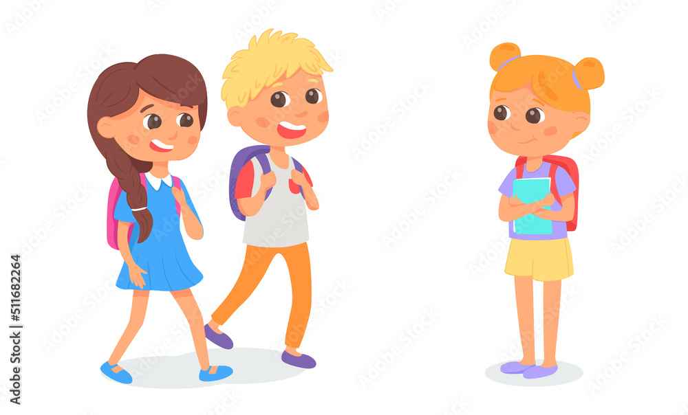 Back to school. Schoolchildren with backpack go and talk. Modest girl stands with notes. Collection of kids with backpack or bag. Back to school. Schoolchildren with backpack go and talk. Modest girl stands with notes. Collection of kids with backpack or bag.