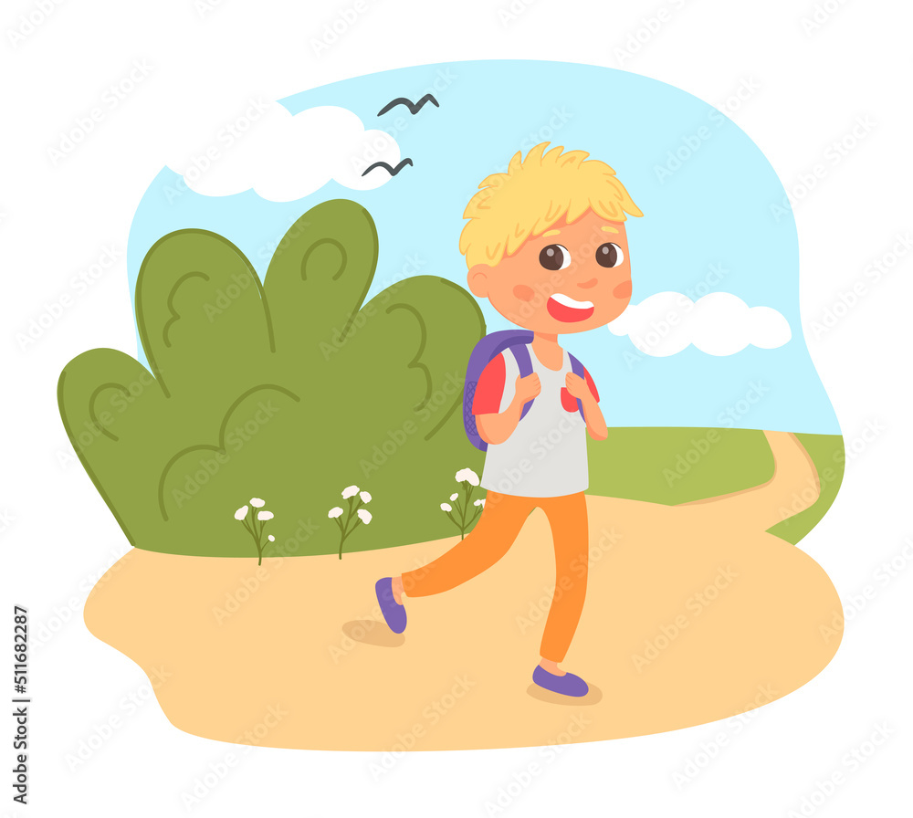 Cheerful boy with a backpack goes to school. Back to school Cheerful boy with a backpack goes to school. Back to school