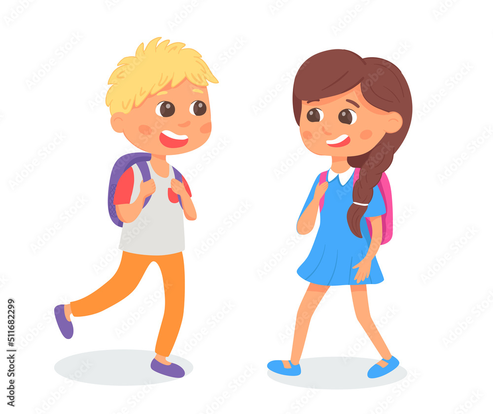 Vector illustration of happy little kid going at school together. Girl and boy with backpacks. Study concept. Cartoon pupils talking. Vector illustration of happy little kid going at school together. Girl and boy with backpacks. Study concept. Cartoon pupils talking.