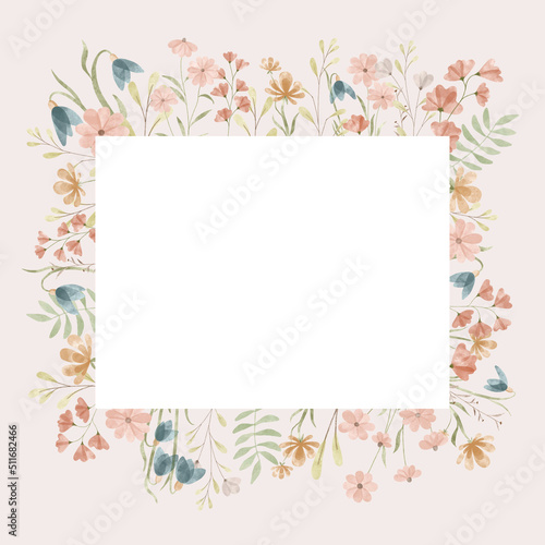 Floral Frame isolated on the beige background. Cute watercolor floral wreath perfect for wedding invitations and greeting cards.