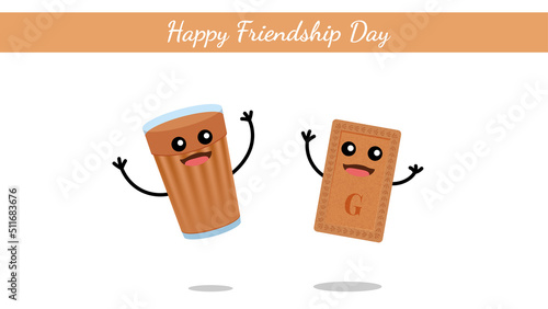 Happy Friendship Day India, A glass of tea and a biscuit cute character vector on white background.