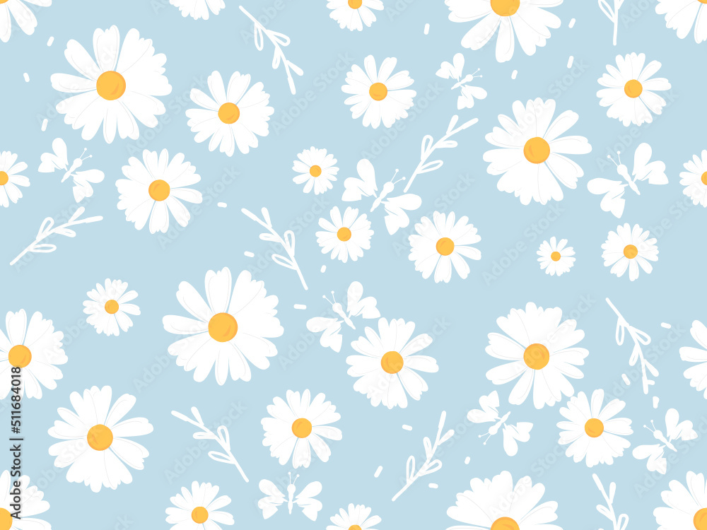 Seamless pattern with daisy flower, branches and butterfly cartoons on blue background vector illustration.