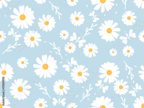 Seamless pattern with daisy flower, branches and butterfly cartoons on blue background vector illustration.