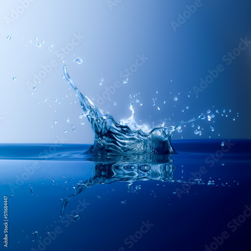 3D Rendering of a Clear Blue Splash Water with Droplets on Gradient Blue Background