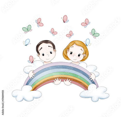 Cute little cartoon girl and boy in the clouds are holding a rainbow. There are many butterflies above them. Digital illustration in the style of colored pencils and watercolor