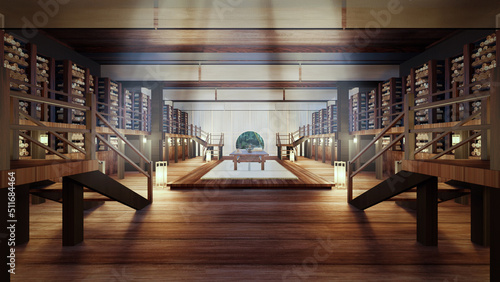Print op canvas 3D Rendering of an Ancient Chinese Bamboo Scroll Book Library