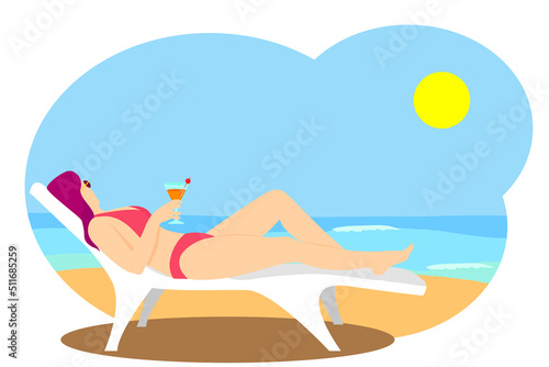 Woman in bikini lying on a sun lounger with a cocktail in her hand sunbathing and contemplating the sea. Flat drawing