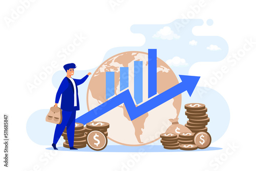 Gross domestic product concept. Growth arrow chart with globe, stacks of money, happy tiny professional. flat design modern illustration