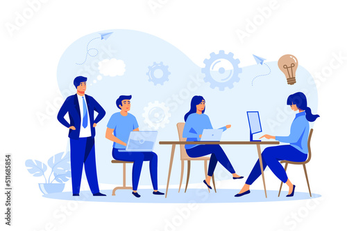 Company employees planning task and brainstorming flat vector illustration. Cartoon people sharing ideas and meeting. flat design modern illustration
