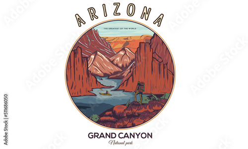 Arizona national park vector graphic print design for apparel, stickers, posters, background and others. Wild  lake vintage artwork. Grand canyon adventure t-shirt design. 