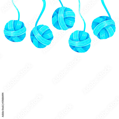 Balls of yarn banner. Watercolor illustration. Isolated on a white background.