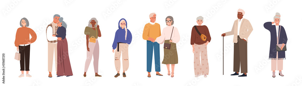 Modern old people and senior couples set. Happy stylish retired man and woman wearing modern clothes elderly people flat cartoon characters. Vector grandmother grandfather in fashionable outfits. Modern old people and senior couples set. Happy stylish retired man and woman wearing modern clothes elderly people flat cartoon characters. Vector grandmother grandfather in fashionable outfits.