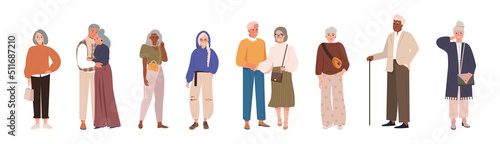 Modern old people and senior couples set. Happy stylish retired man and woman wearing modern clothes elderly people flat cartoon characters. Vector grandmother grandfather in fashionable outfits. 