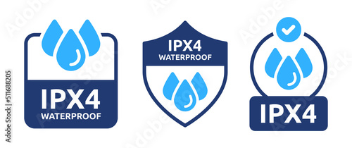 Ipx4 waterproof vector symbol illustration set. Water-resistant with water drop icon. Rainproof badge label sign. photo