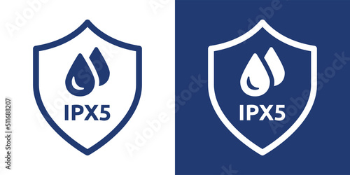 Ipx5 waterproof symbol. Rainproof label sign. Water resistant drop icon in protective shield vector badge.