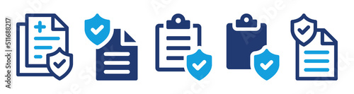 Policy icon vector document set. Insurance protection on clipboard with check and shield symbol illustration.