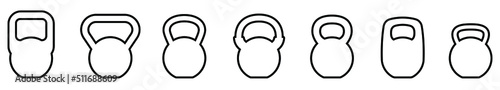 Kettlebell icon. Set of different kettlebell. Vector illustration. Kettlebell for a sports hall. Black linear signs