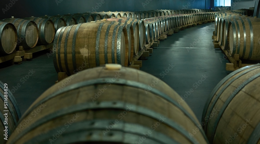 Wooden barrels in modern wine cellar. Wine making, winery. Wooden barrels in modern wine cellar. Wine making, winery.