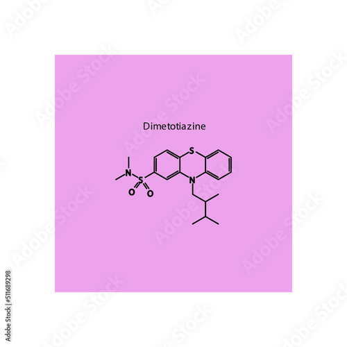 Dimetotiazine molecule flat skeletal structure, Phenothiazine Serotonin antagonist class drug used to treat migraine. pink background Vector illustration. photo
