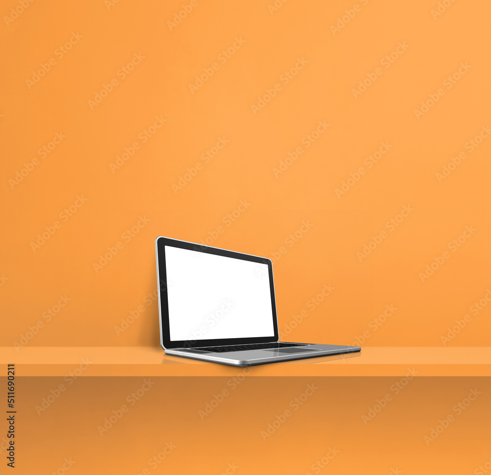 Laptop computer on orange shelf. Square background Laptop computer on orange shelf. Square background