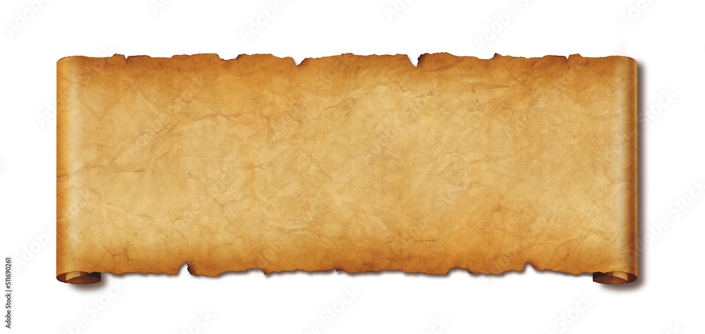 Old paper horizontal banner. Parchment scroll isolated on white with shadow