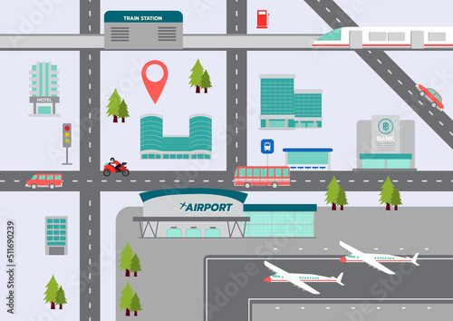 City map with buildings, roads and public transportation symbols, vector illustration
