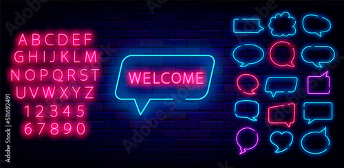 Welcome neon signboard in speech bubble. Special offer concept. Clouds frame collection. Vector stock illustration