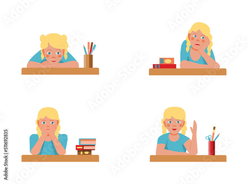 collection of emotions of a cute blonde schoolgirl sitting at a desk. A set of vector illustrations in a flat cartoon style
