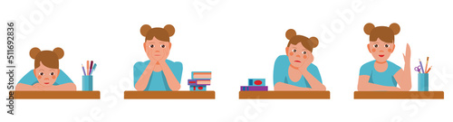 set of emotions of a cute schoolgirl sitting at a desk. A collection of vector illustrations in a flat cartoon style.